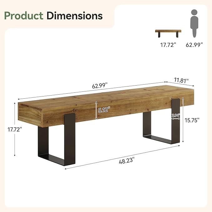 TRIBEWOOD Solid Wooden Entryway Bench, 63" Farmhouse Indoor Shoe Bench with Metal Legs, Industrial Long End of Bed Stool with Seating for Entry, Hallway, Porch, Living Room, Mudroom, Easy Assembly