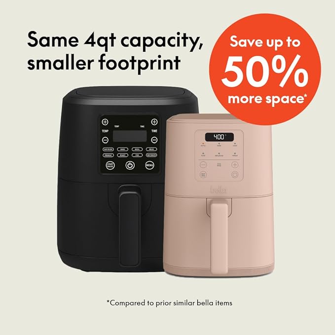 bella 4Qt Slim Air Fryer, Fits-anywhere??Kitchenware, EverGood??Ceramic Nonstick Coating, Adjustable Temperature, 6 Preset Cooking Options, 60 Min Auto Shutoff w Audible Tone, 3.3lb Capacity, Blossom