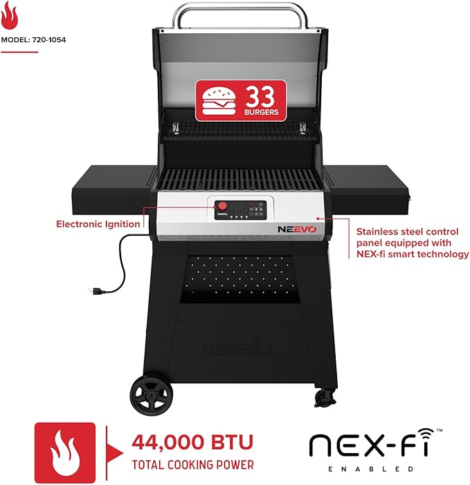 Neevo Smart Propane Grill 44,000 BTU, 2-Burner Outdoor BBQ, Electronic Control, 714 Sq In Cooking Space, Cast Iron Grates, App Connected ??720-1054