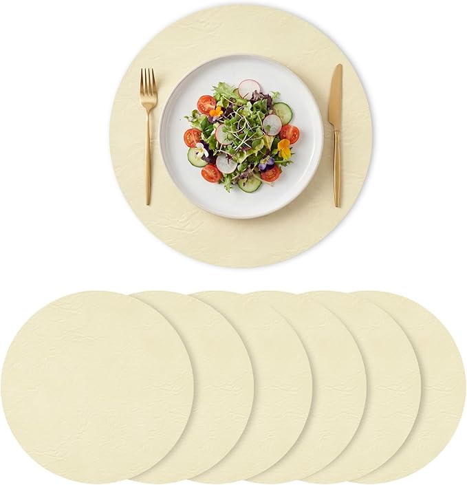 Artoid Mode Beige Faux Leather Placemats Set of 6, 15 Inch Waterproof Wipeable Heat Resistant Place Mats, Reversible Table Mats for Kitchen Dining Decor
