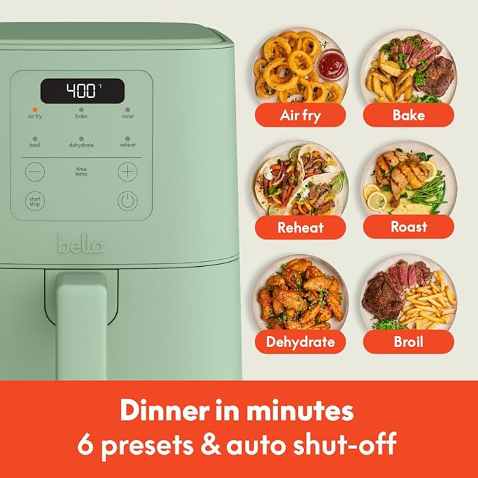 bella 4Qt Slim Air Fryer, Fits-anywhere??Kitchenware, EverGood??Ceramic Nonstick Coating, Adjustable Temperature, 6 Preset Cooking Options, 60 Min Auto Shutoff w Audible Tone, 3.3lb Capacity, Seaglass