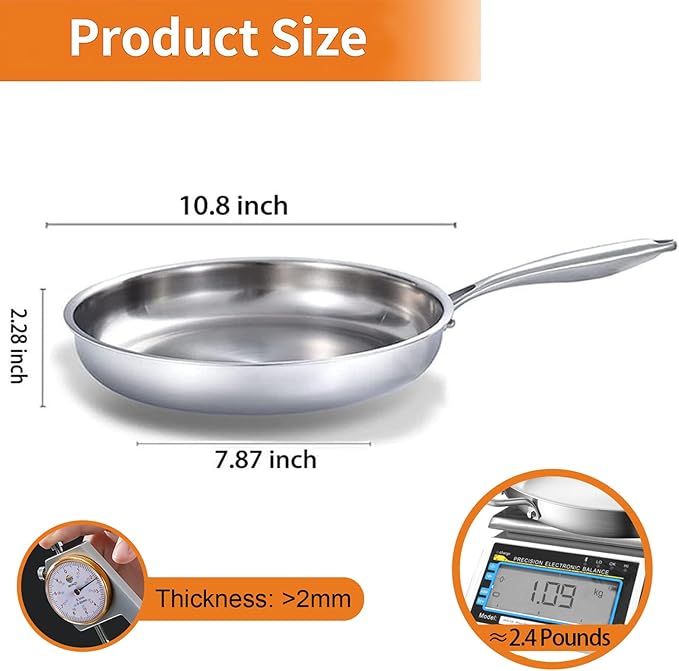 DELARLO Full Clad Tri-Ply Stainless Steel Frying Pan 10 inch, All Stove Compatible Up to 600?? Heavy Duty, Oven Safe Skillet, 18/10 Cooking Pan, Chef's Pan for Kitchen, Omelette Pan, Flat Bottom