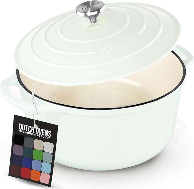 Zulay Kitchen 5 Quart Enameled Cast Iron Dutch Oven Pot with Lid ??Premium Durability & Oven Safe up to 500째F ??Heavy Duty Cookware Perfect for Bread Baking, Stews, Braising & Roasting ??White