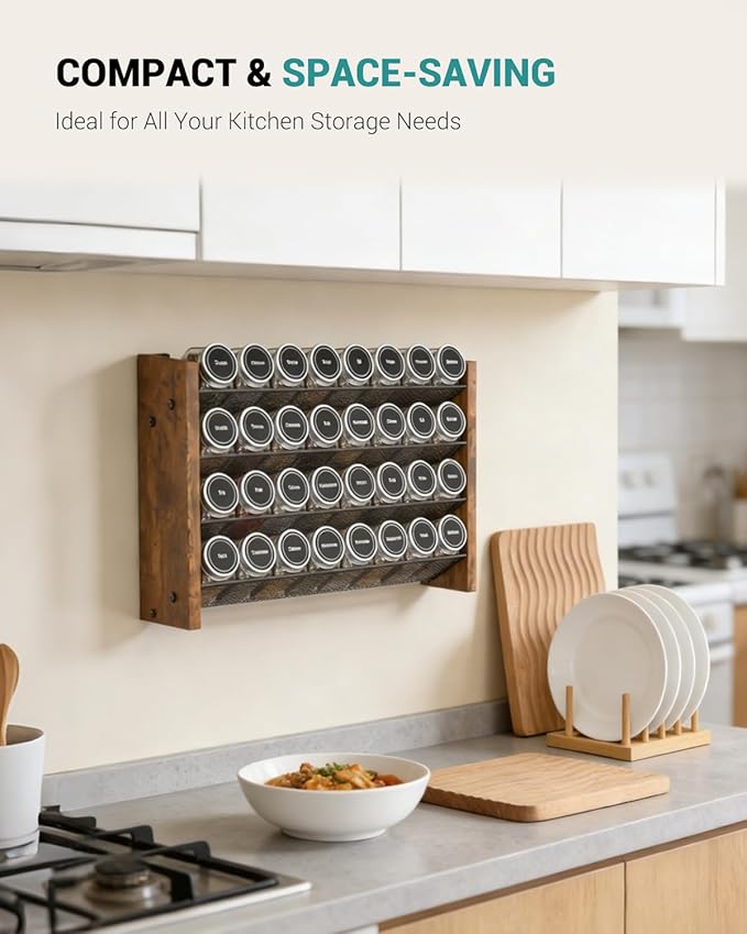 NESAPTO Spice Rack Organizer for Cabinet, Wooden 4 Tier Vertical Seasoning Organizers for Kitchen Pantry, Countertop/Wall Mount, Holds 32 Spice Jars (No Jars Included), 15.7" W 횞 9.4" H
