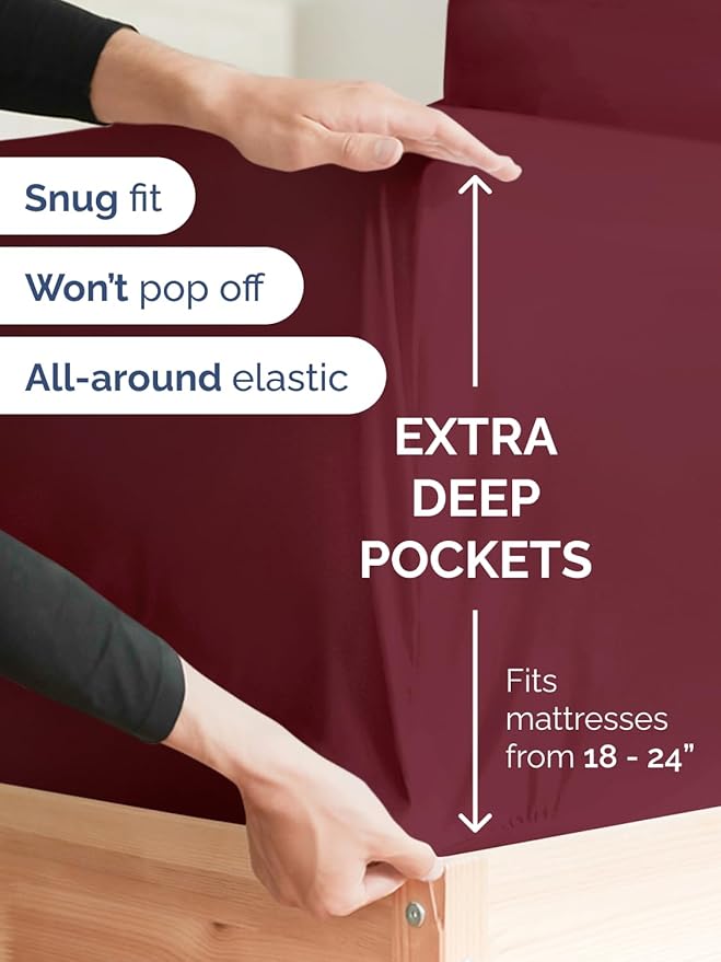 Extra Deep Pocket King Sheets - 4 Piece Breathable & Cooling Bed Sheets - Hotel Luxury Bed Sheet Set - Soft, Wrinkle Free & Comfy - Easily Fits Extra Deep Mattresses - Deep Pocket Burgundy Sheets Set