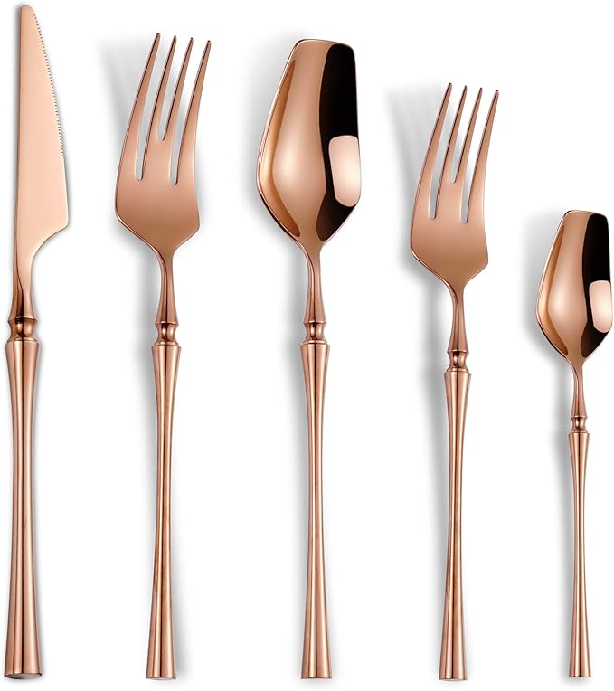 Lemeya 20-Piece Rose Gold Silverware Set for 4,Modern 18/10 Stainless Steel Flatware Set,Unique Rustic Cutlery Utensils Set,Spoon and Fork Set for Home, Restaurant,Mirror Polished,Dishwasher Safe