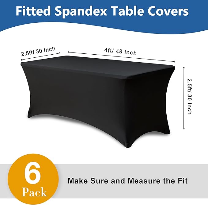 Enjoyidea 4ft Stretch Table Cover Fitted-6 Pack Black Spandex Table Cloths with Elastic-Folding Table Protector for Parties, Vendor Booth Display, Banquet Buffet Event, Graduation, Craft Trade Show