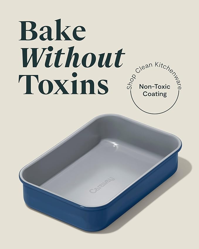 Caraway Nonstick 9??x 6.5??Small Rectangle Baking Pan Duo ??Non-Toxic, PTFE & PFOA Free ??Aluminized Steel Core ??Deep Ceramic Baking Pan for Casseroles, Lasagna & More - Navy