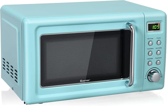 COSTWAY Retro Countertop Microwave Oven, 0.7Cu.ft, 700-Watt, High Energy Efficiency, 5 Micro Power, Delayed Start Function, with Glass Turntable & Viewing Window, LED Display, Child Lock (Green)