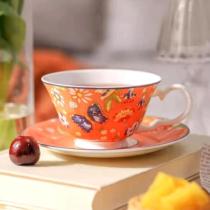 Aynsley Cottage Garden Windsor Fine Bone China Teacup & Saucer - 7.5oz (220ml), Elegant Windsor Shape, Christmas Gift for Tea Lovers, British Craftsmanship-Orange