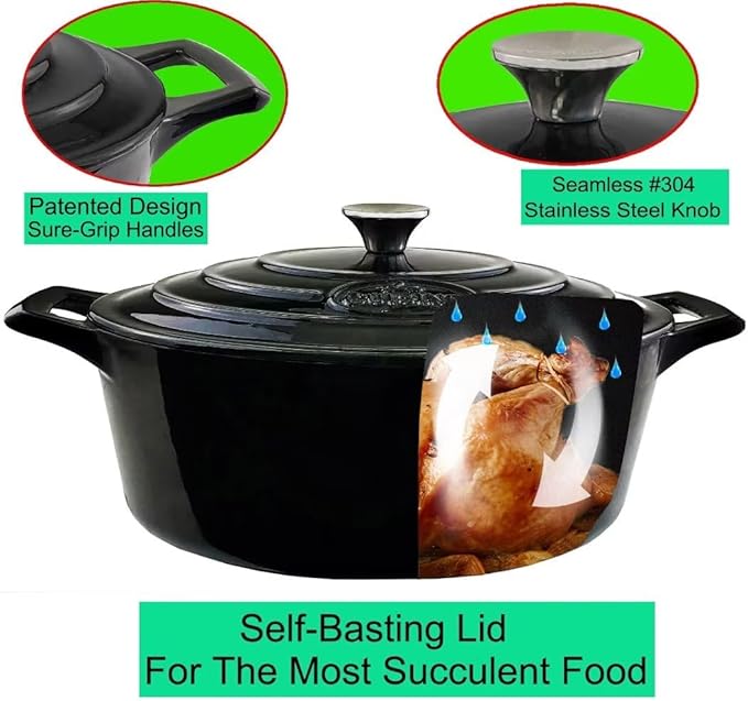 La Cuisine 6240MB Enameled Cast Iron Oval Dutch Oven Casserole 6.75 QT 33x25x16cm Matte Black Enamel Interior, Glossy Black Porcelain Enamel Coating Exterior