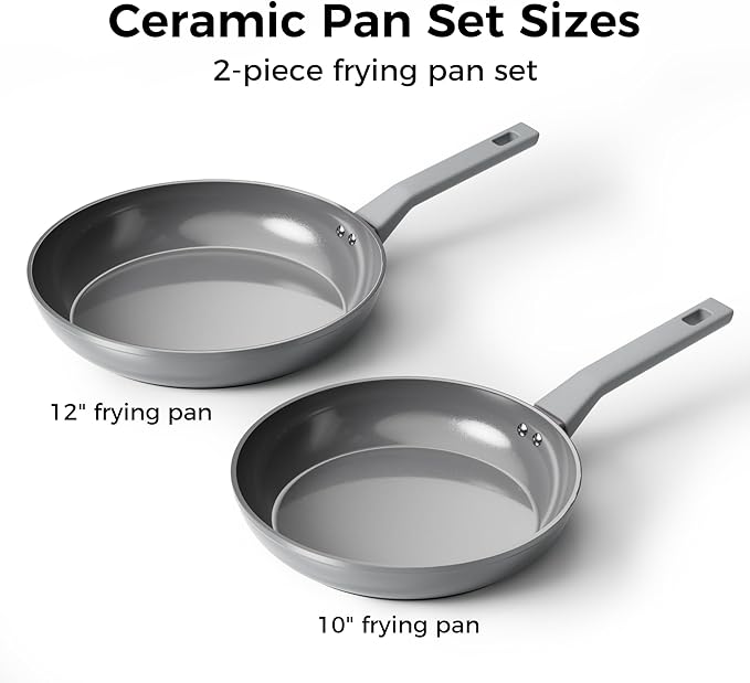 Sanho Healthy Ceramic Non-Toxic Frying Pan Set, 10 & 12 Inch Gray Nonstick Skillet, PFOA & PTFE Free, Induction Compatible Cookware