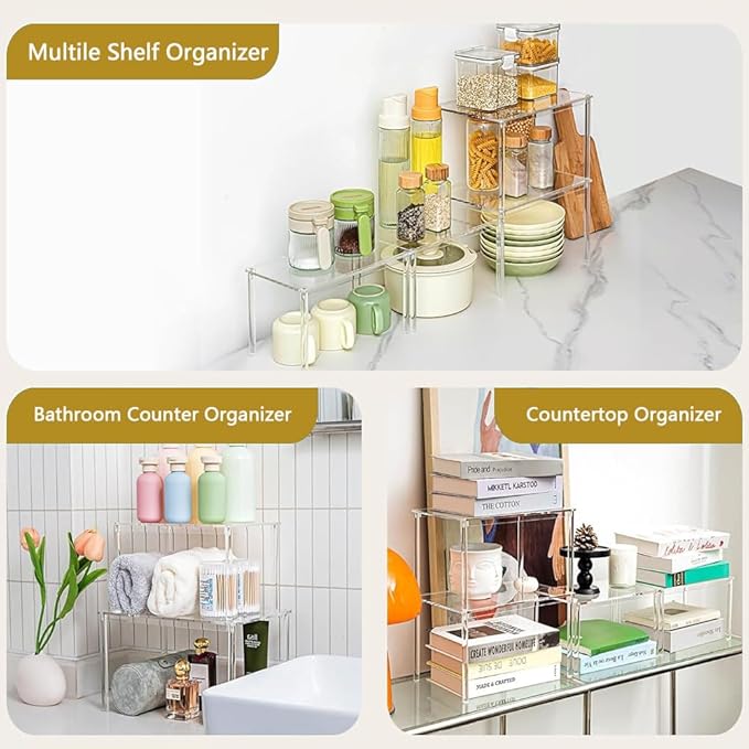 4Pcs Large Acrylic Kitchen Cabinet Organizer Shelf, Clear Spice Rack, Plate and Cupboard Storage Riser, Versatile Pantry Shelf, Stackable Kitchen Countertop Display Rack Decor for Gift