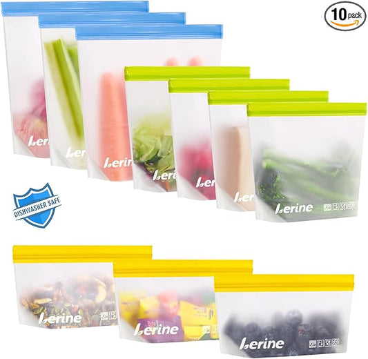 Lerine 10 Pack Stand-Up Reusable Gallon Bags, BPA-Free Leakproof Food Storage Bags, Dishwasher Safe Reusable Freezer Bags for Marinating, Travel, Meal Prep - 4 Sandwich, 3 Gallon, 3 Snack (Multicolor)