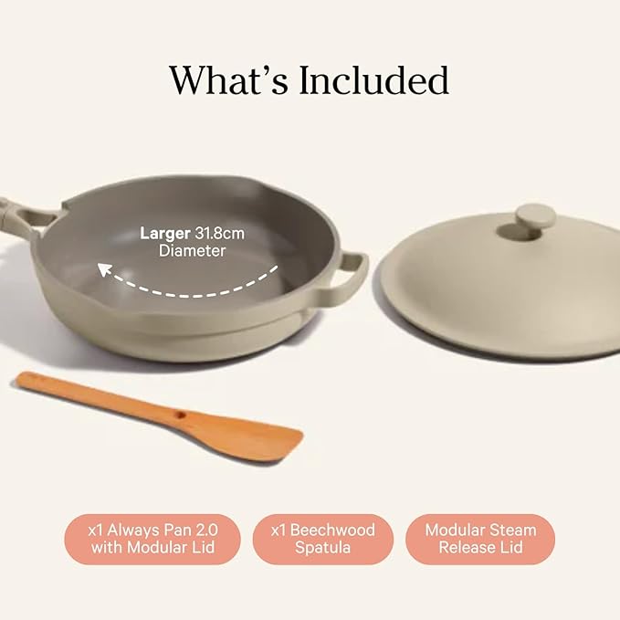 Our Place Large Always Pan | 12.5" Ceramic Pan with Modular Lid & Beechwood Spatula | Patented 10-in-1 Nonstick, Non-Toxic Cookware Made Without PFAS | Induction & Oven-Safe up to 450째F | Steam