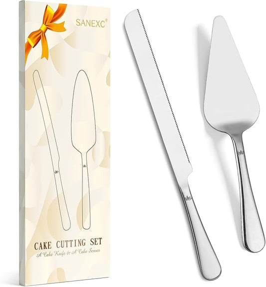 Cake Cutting Set for Wedding - Extended Cake Knife And Server Set Thickened Stainless Steel Cake Cutter and Pie Spatula Great for Birthday Anniversary Christmas Gift Silver 2 Pcs