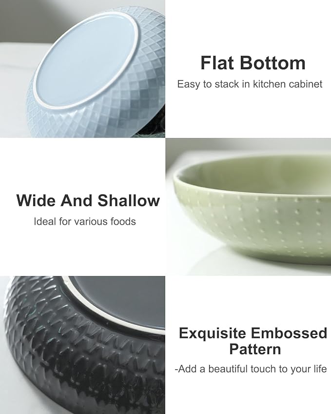 HASENSE Ceramic Pasta Bowls, 42 OZ Ceramic Salad Bowl Set of 4, Large Serving Plate Bowls,Embossment Stoneware Wide and Shallow Pasta Plates for Fruits, Noodle,Colorful