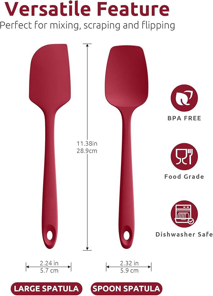 U-Taste Flat Spatula & Spoon Spatula: 11.38in 600쨘F Heat Resistant Silicone Bowl Scraper, Flexible Rubber Kitchen Cooking Mixing Utensil with Upgraded Non-Stick Surface (Set of 2, Red)