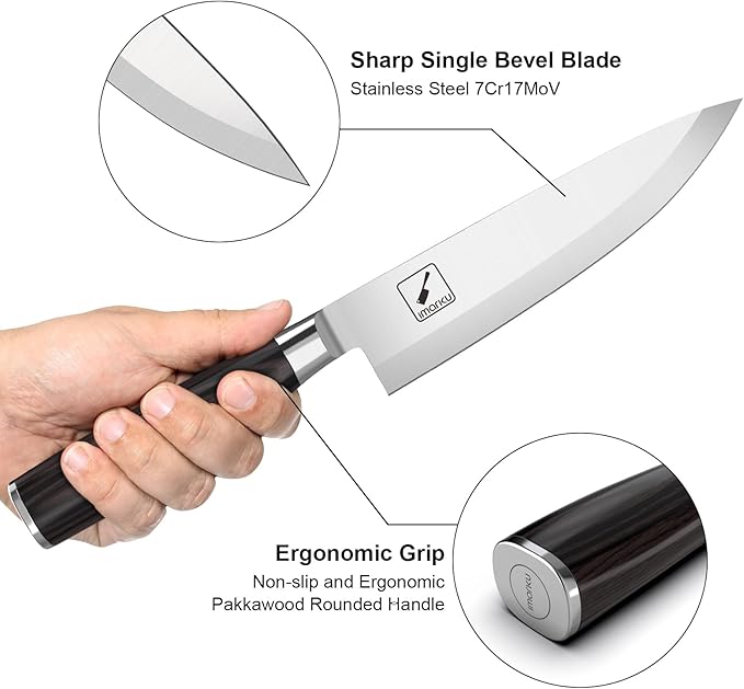 imarku Chef Knife 8-Inch Pro Japanese Kitchen Knife 7Cr17MoV High-Carbon Stainless Steel Paring Knife Ergonomic Handle Rasor Sharp Single-Bevel Edge Christmas and Thanksgiving Gift for Women and Men