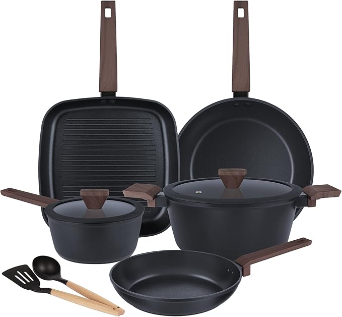 9 Pcs Pots and Pans Set Nonstick,Induction Cookware Set Kitchen Cooking Sets,Non Stick with Grill Pan (PFOS, PFOA Free), Black
