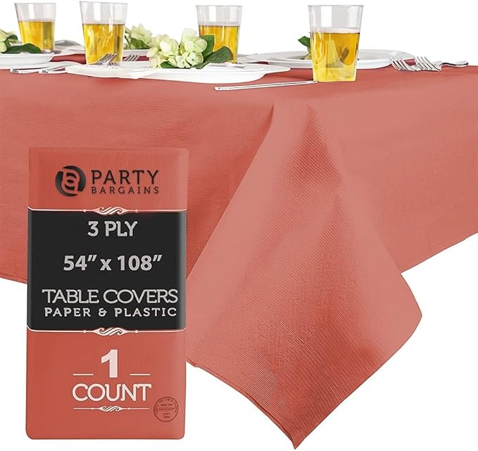 PARTY BARGAINS Disposable Table Covers, 54 x 108 Inch, Red, 3-Ply Paper & Plastic Spill-Resistant Party Tablecloths, 1 Pack