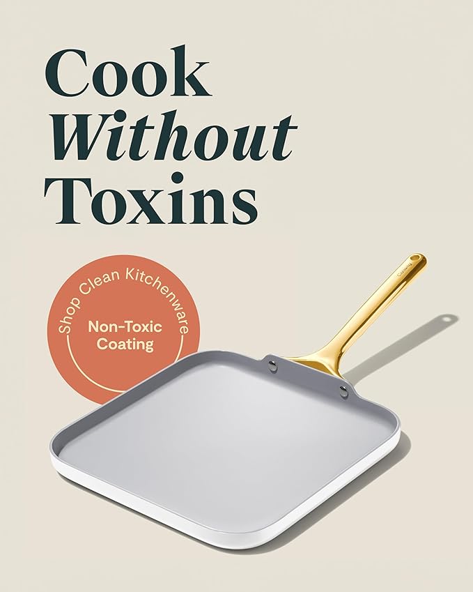 Caraway Square Griddle Pan - 11??Square Pan - Non-Stick Ceramic Coated - Non Toxic, PTFE & PFOA Free - Oven Safe & Compatible with All Stovetops - White