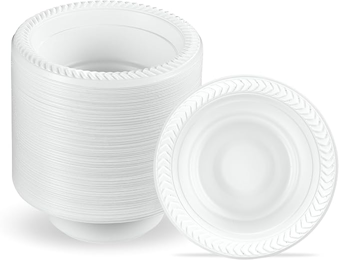 PLASTICPRO 100 PCS White Plastic Bowls 5 oz Premium Quality Light Weight Dishes Disposable Small Plastic Bowls for Dessert Appetizers Soups for Parties Weddings