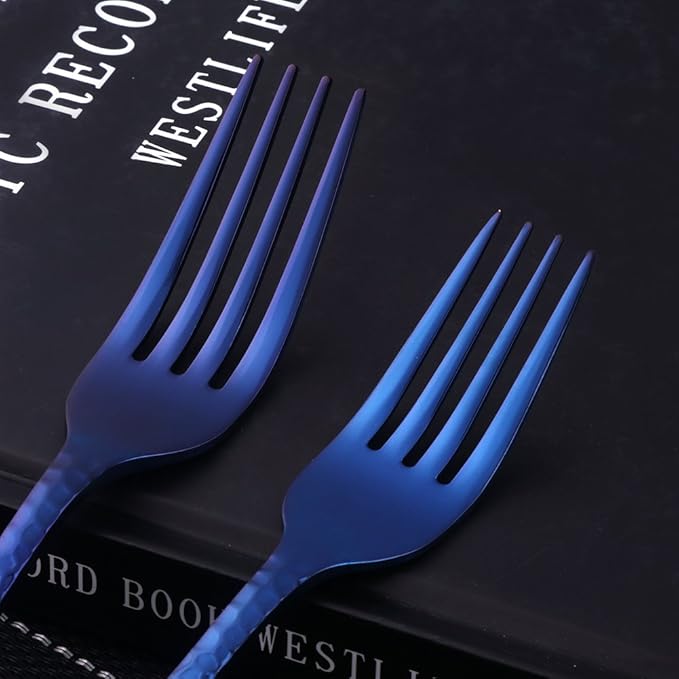 Blue Silverware Set, 20 Piece Premium 18/8 Stainless Steel Hammered Kitchen Utensil Flatware Cutlery Sets of 4, Mirror Polish, Dishwasher Safe