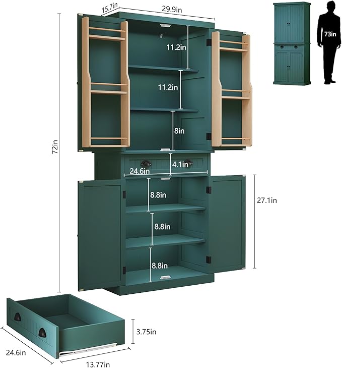 ARTPOWER 72" Pantry Storage Cabinet with Drawer, Freestanding Tall Cupboard Storage Cabinet, Utility Pantry with Door Shelves and 2 Adjustable Shelves for Kitchen, Dining Room,Living Room, Green