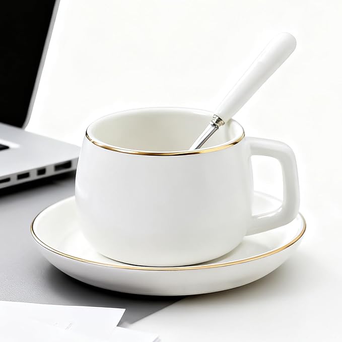 Ceramic Teacup and Saucer Set with Gold Trim Design 9.8oz Matte Plain Color Ceramic Coffee Mug White