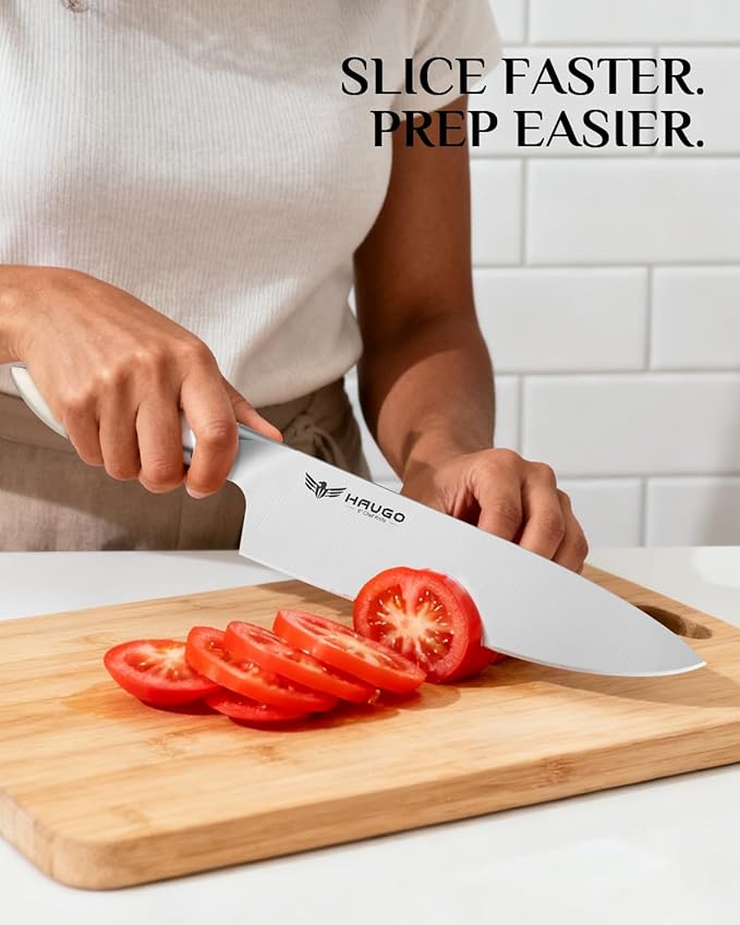 Kitchen Knife Set - Haugo 14 PCS Cream White Knife Set with Block and Sharpener - German Stainless Steel - Full Tang Knife Block Set and Ergonomic Handle - Obsidian Series
