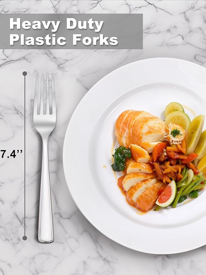 WDF 300PCS Silver Plastic Forks - Heavy Duty Plastic Forks Disposable - Sturdy&Durable Plastic Silverware Bulk for Wedding/Party/Daily Using/Valentine's Day