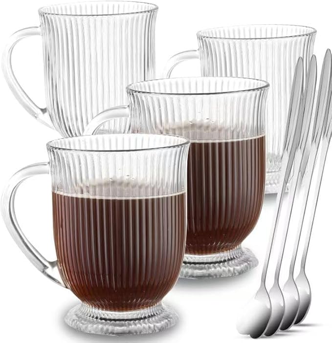 Large Ribbed Glass Coffee Mugs Set of 4,16 Oz Clear Espresso Mugs with Spoon, Glass Tea Cups with Handle Diner Latte Cup with Footed Base for Hot Beverages,Cappuccino Cups, Stylish Drinkware