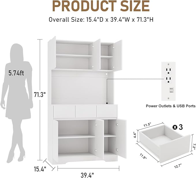 KAMABOKO 71" Kitchen Pantry Cabinet with LED Light and Charging Station Tall Pantry Storage Cabinet with Adjustable Shelves and Door Modern Kitchen Hutch with Microwave Stand and Countertop (White)