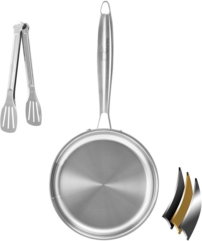 Tri-ply Stainless Steel Frying Pan 8 Inch Small Skillet for Chef's Cooking Pan Induction Oven Dishwasher Safe, Compatible with All Cooktops Up to 600??with Kitchen Tongs(Detachable Handle)