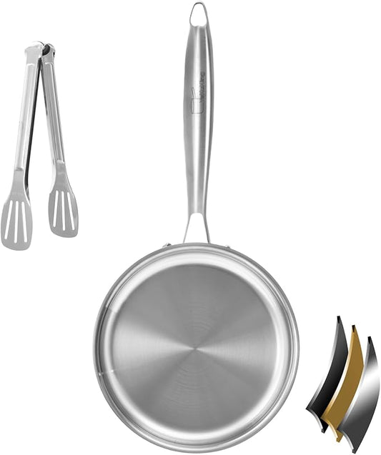 Tri-ply Stainless Steel Frying Pan 8 Inch Small Skillet for Chef's Cooking Pan Induction Oven Dishwasher Safe, Compatible with All Cooktops Up to 600??with Kitchen Tongs(Detachable Handle)