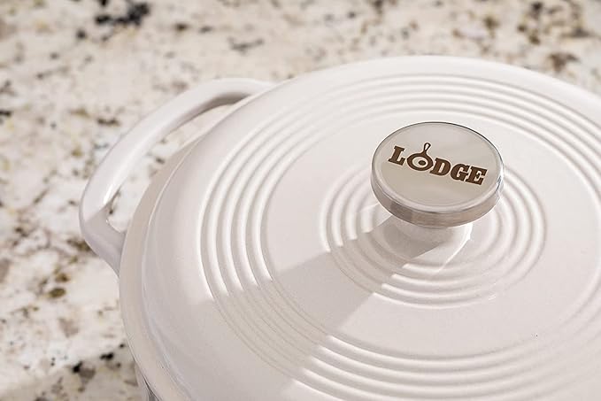 Lodge 3 Quart Enameled Cast Iron Dutch Oven with Lid ??Dual Handles ??Oven Safe up to 500째 F or on Stovetop - Use to Marinate, Cook, Bake, Refrigerate and Serve ??Oyster White