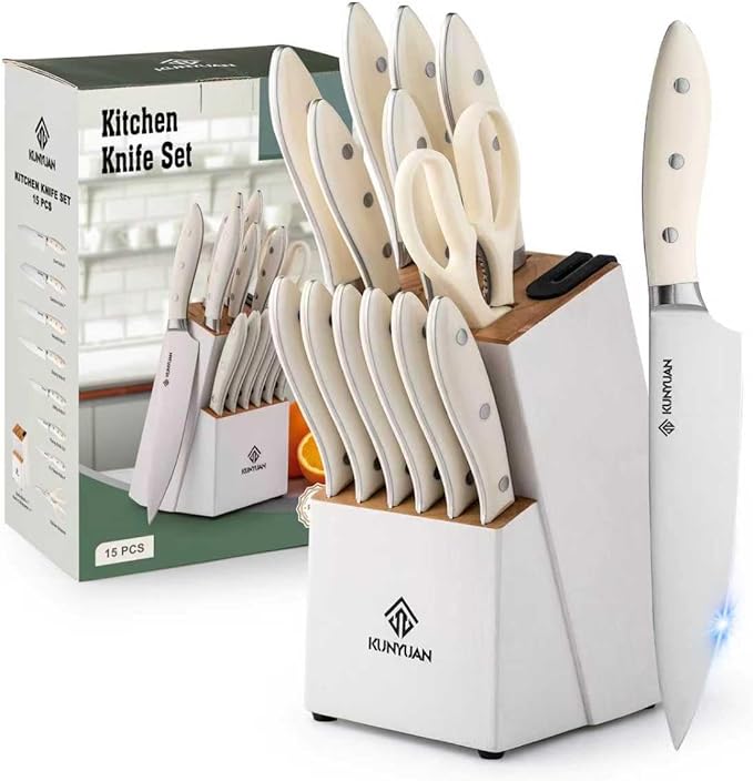 Knife Set, KUNYUAN 15 pieces Knife Sets for Kitchen,High Carbon German Stainless Steel Knife Block Set with Built in Sharpener Block,Dishwasher Safe Kitchen Knives, White