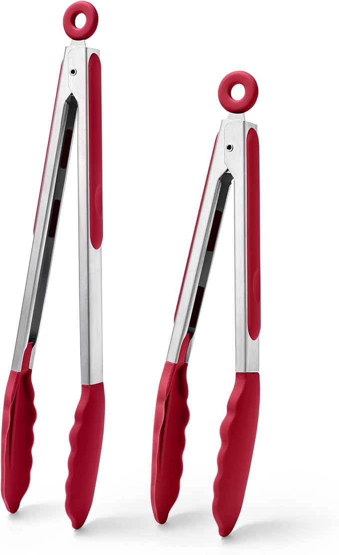 Doosu Kitchen Tongs for Cooking - 600째F Heat Resistant Food Tong Set with Non-Scratch Silicone Tips, Heavy Duty Stainless Steel Locking Tong for BBQ, Grilling Steak, Serving Salad (9+12in, Red)