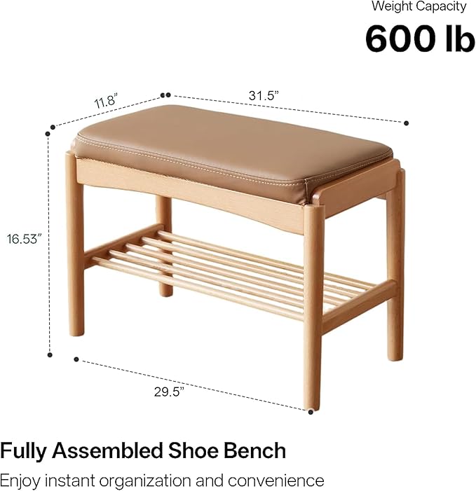 Vadisun Solid Wood Shoe Bench Assembled, Shoe Rack Bench with Silicone Leather Cushion for Entryway, Living Room, Bedroom, Hallway, 11.8" x 31.5" x 16.5", Natural & Brown
