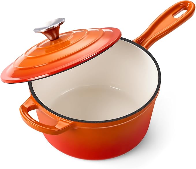 Onader 2 Quart Saucepan with Lid, Enameled Cast Iron Sauce Pan, Small Cooking Sauce Pot, Enamel Dutch Oven Pot Nonstick ??Sunset Orange