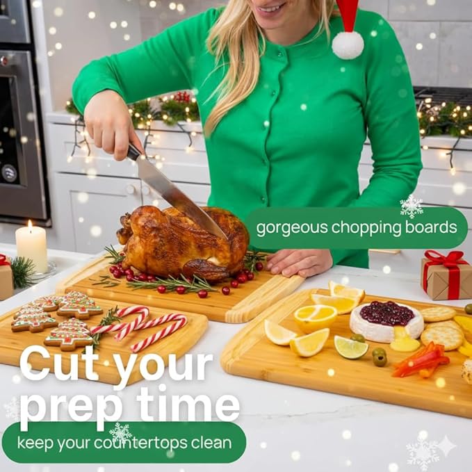 Organic Bamboo Cutting Boards for Kitchen Set of 3 with Lifetime Replacements ??Premium Extra Large Wood Chopping Boards with Juice Grooves for Carving & Serving, Non-Toxic & Durable by Greener Chef