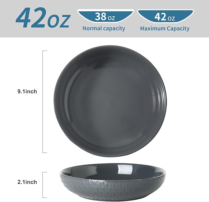 HASENSE 9" Large Pasta Bowls, 42 OZ Ceramic Salad Bowls Set of 2 for Serving Soup, Salad and Dinner, Embossed Wide and Shallow Pasta Plates for Kitchen and Eating, Microwave Safe, White and Grey