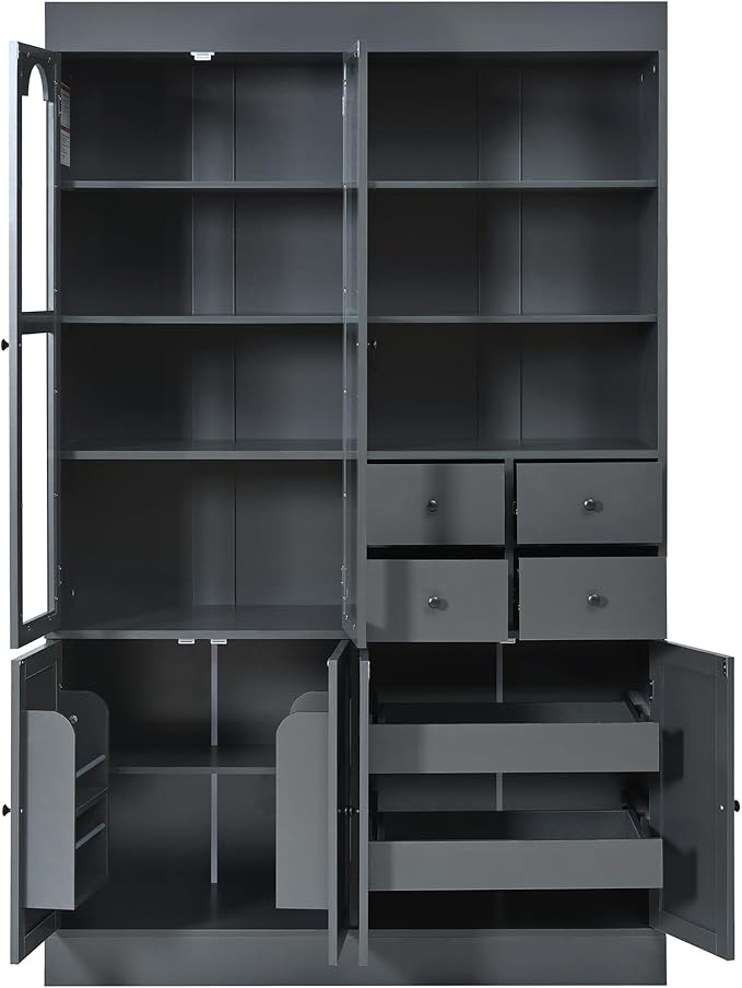 75-inch Tall Kitchen Pantry Cabinet, Freestanding Buffet with Hutch, Storage Cabinet with 4 Drawers, Door Shelves and Pull-Out Trays for Dining Room (Gray + MDF + Farmhouse)