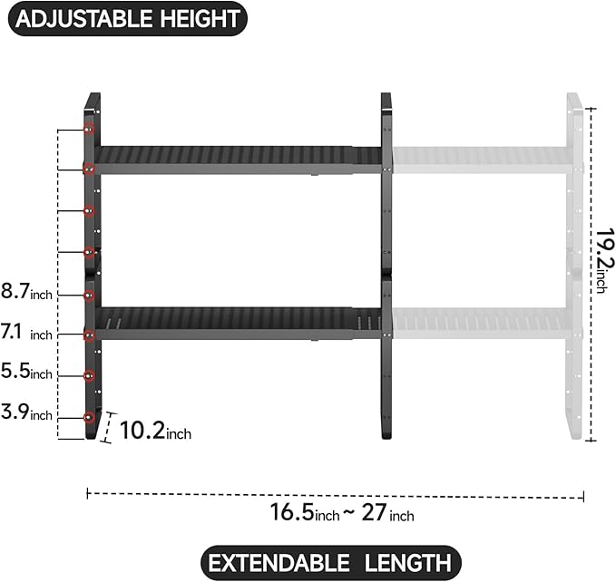 2Pack Expandable Cabinet Countertop Shelves 16.5-27?쇺셂, Adjustable Metal Spice Rack Organizer, Stackable Kitchen Counter Storage Shelves Organizers for Cabinet Organization, Black