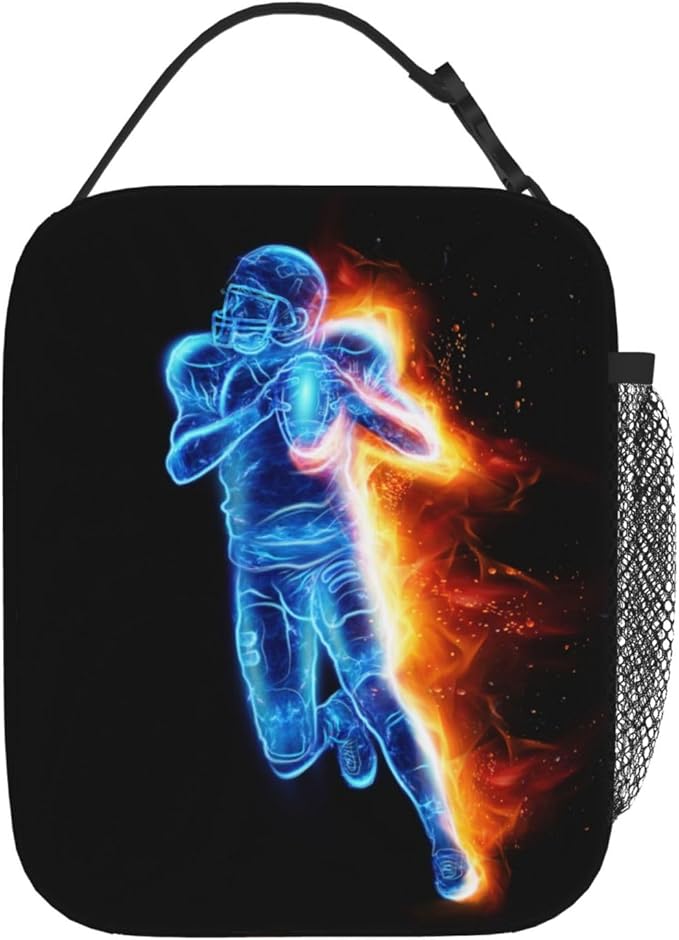 Football-themed Lunch Box Bag for Kids Teens Boys/Men, Sports LunchBoxes with Printing a Playing Blue Football Player Pattern, Reusable Tote Bag for Work School, Gifts for Birthday Christmas