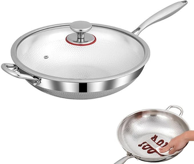 Titanium Hammered Wok, No Coating Non-Stick Titanium Cookware, Frying Pans, Hammered Pan,Ultra-Durable, Scratch-Resistant, Even Heating Frying Pans, Safe for Oven,with lid,14.17in