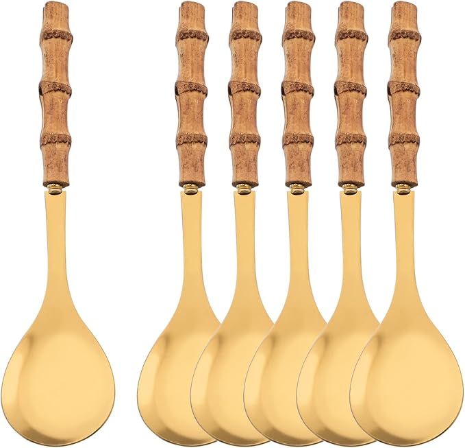 Natural Bamboo Handle Serving Spoons Set of 6, Large Size Stainless Steel Dinner Buffet Catering Banquet Serving Spoons, 10.0" Gold Big Ladle Tablespoons for Home, Family Serving Utensils