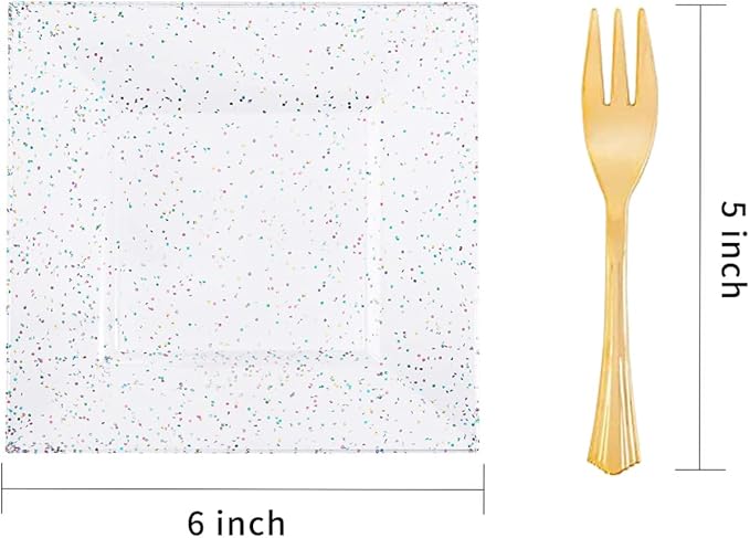 supernal 200pcs Square Plastic Dessert Plates-100pcs Gold Dessert Forks,100pcs 6inch ClearDessert Plates,cocktail plates, Clear Appetizer Plates for Pary Birthday New Year