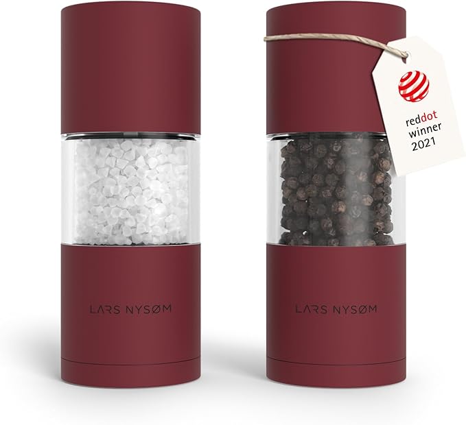LARS NYS횠M Salt and Pepper Grinder Set, Manual Salt and Pepper Mills with Adjustable Ceramic Grinder, Design Spice Shaker Set (Berry Red)